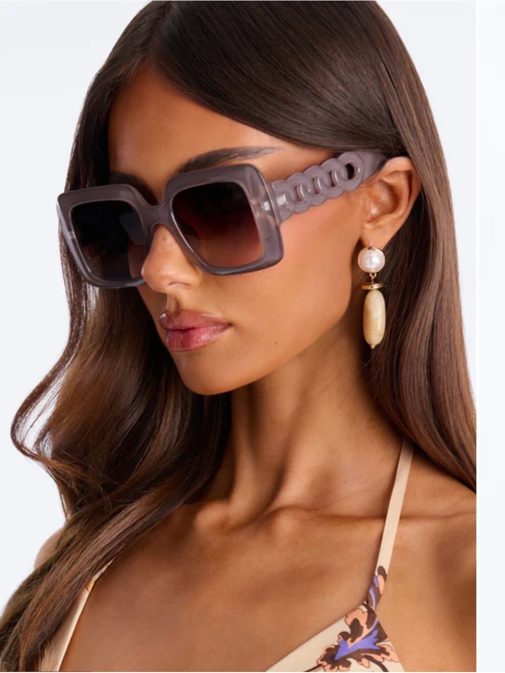 Oversized Square Chain-Arm Sunglasses in Mauve